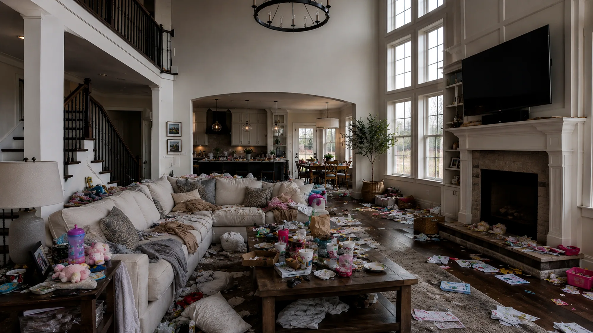 Cluttered great room before a professional house cleaning in Central Florida